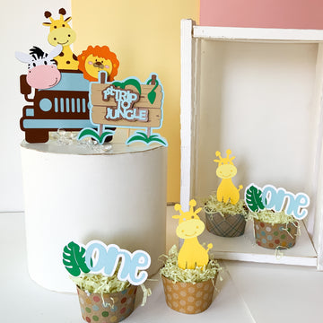 Forest,Animal,Wild,Safari,Jungle Theme Birthday Decoration Kit/First,One,1st Bday Décor for Baby Boy,Girl,Kids/2 Cake Toppers, 12 Cupcake Topper